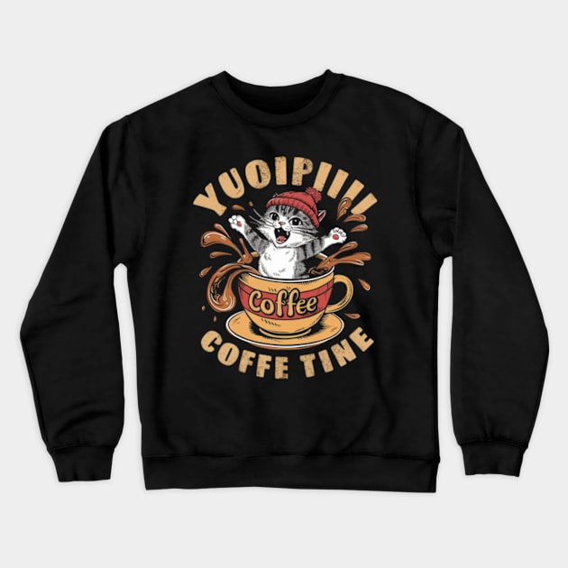 A hilarious and vibrant vintage-inspired illustration of an adorable cat wearing a red beanie, sitting inside a coffee cup that's spilling coffee. (3) Crewneck Sweatshirt by YolandaRoberts